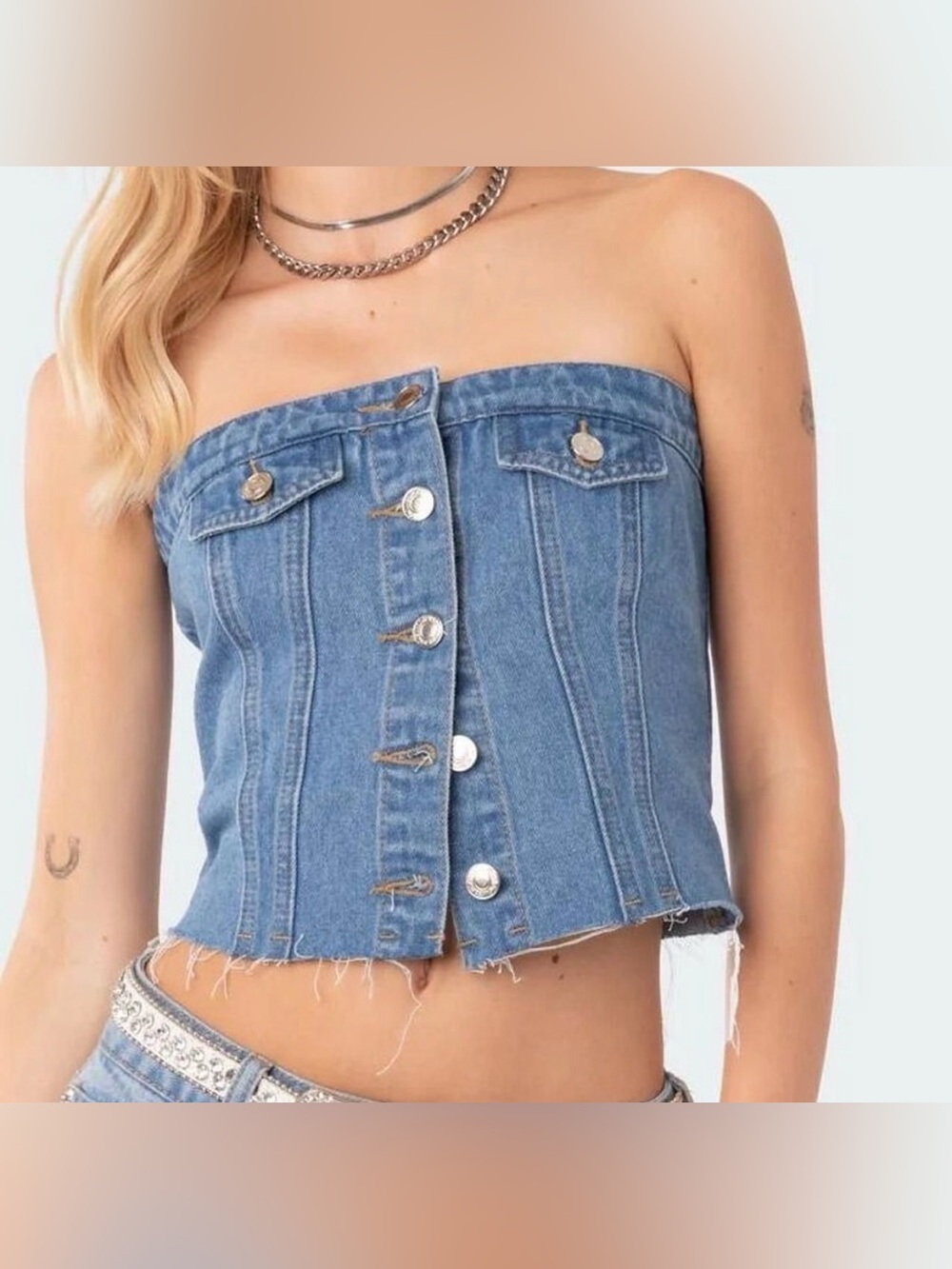 Edikted Blue Denim Strapless Button-Front Crop Corset Top